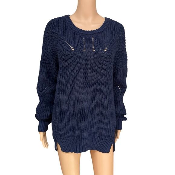 Caslon cotton blend ribbed pointelle knit crew neck sweater navy blue sz S NWOT - Picture 2 of 8